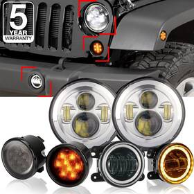 Cvg72408 Auxbeam 7 Inch Chrome Led Headlights Hi/lo And Fog Light Turn Signal Kit For Jeep Wrangler