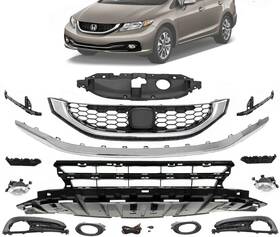 12170440 Chrome-zone Auto 14pc Bumper Grille For Civic Sedan 2013-2015 Mesh Fog Lamps Headlamp Bracket Kit